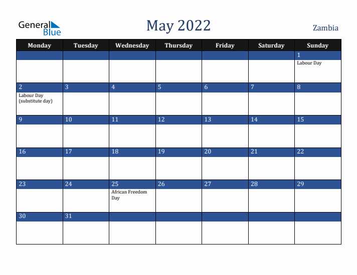 May 2022 Zambia Calendar (Monday Start)