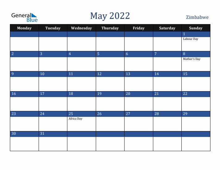 May 2022 Zimbabwe Calendar (Monday Start)