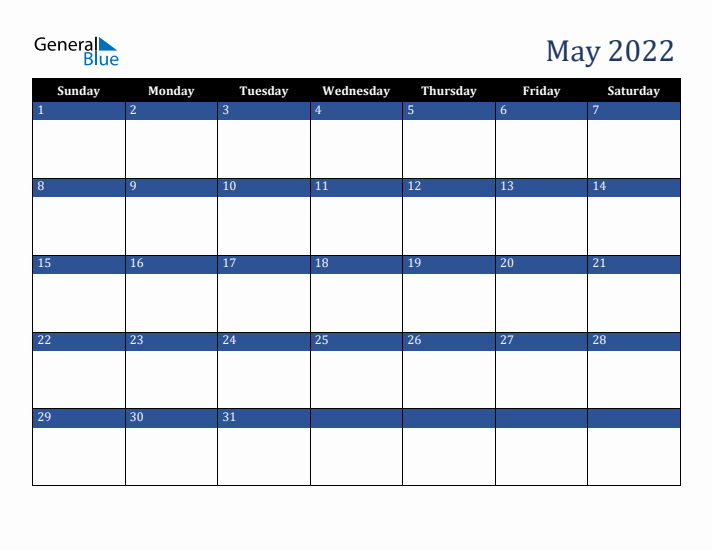 Sunday Start Calendar for May 2022