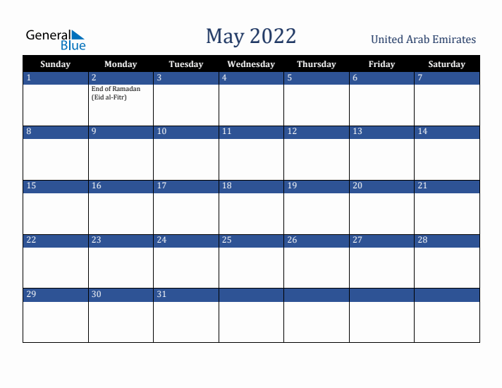May 2022 United Arab Emirates Calendar (Sunday Start)