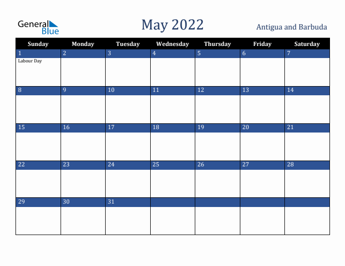 May 2022 Antigua and Barbuda Calendar (Sunday Start)