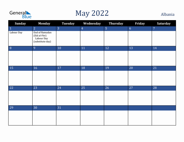 May 2022 Albania Calendar (Sunday Start)