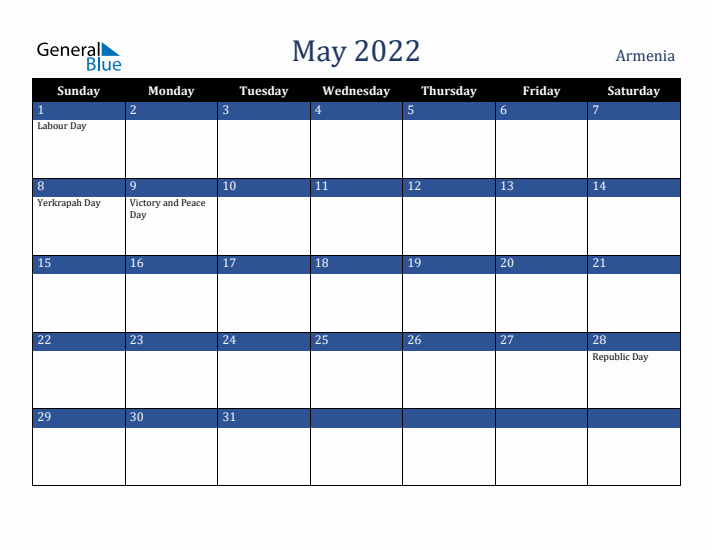May 2022 Armenia Calendar (Sunday Start)