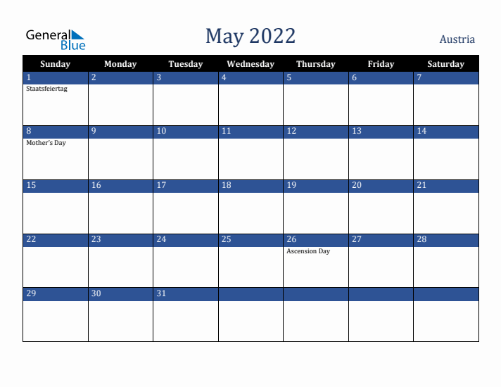 May 2022 Austria Calendar (Sunday Start)