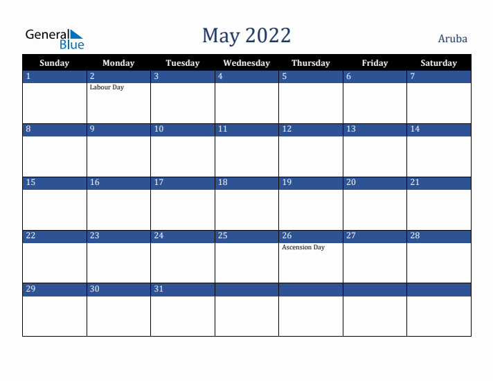 May 2022 Aruba Calendar (Sunday Start)