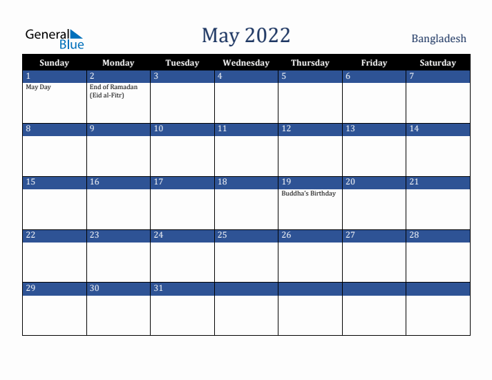 May 2022 Bangladesh Calendar (Sunday Start)