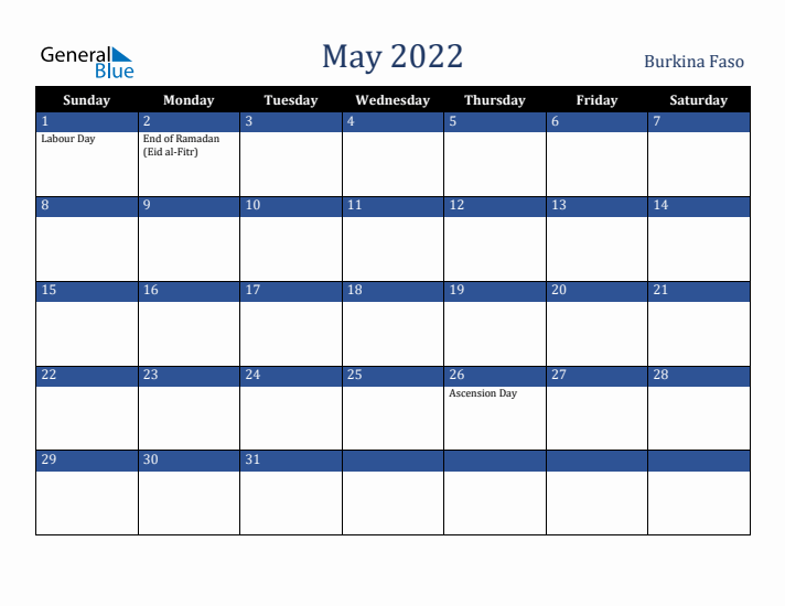 May 2022 Burkina Faso Calendar (Sunday Start)
