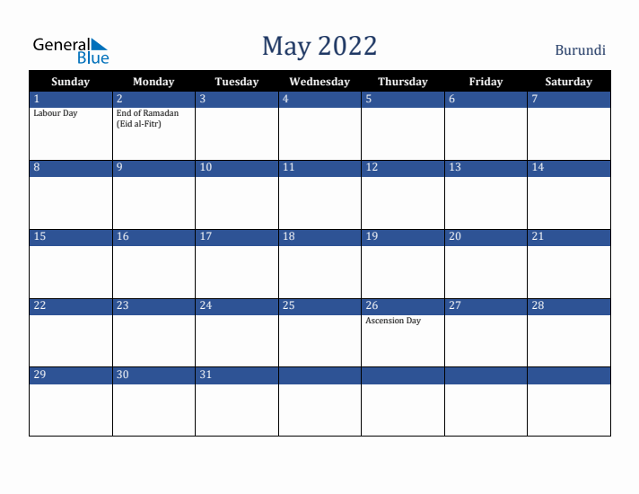 May 2022 Burundi Calendar (Sunday Start)
