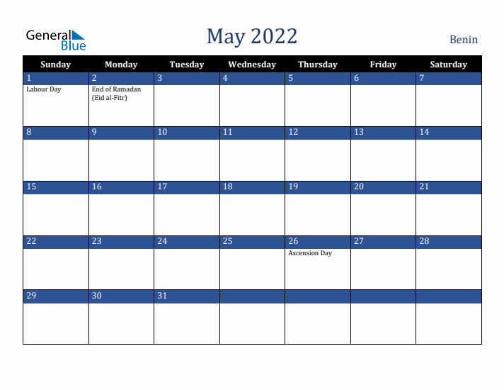 May 2022 Benin Calendar (Sunday Start)