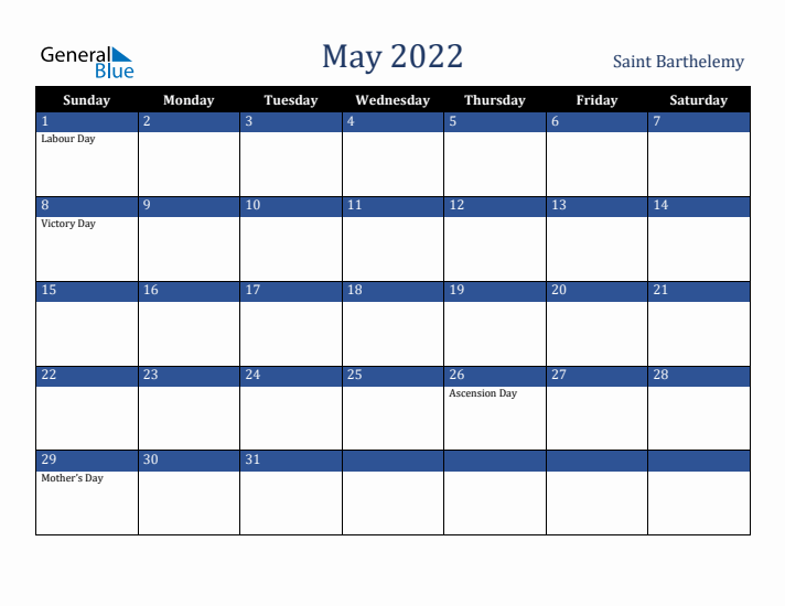 May 2022 Saint Barthelemy Calendar (Sunday Start)