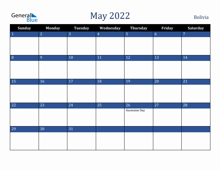 May 2022 Bolivia Calendar (Sunday Start)
