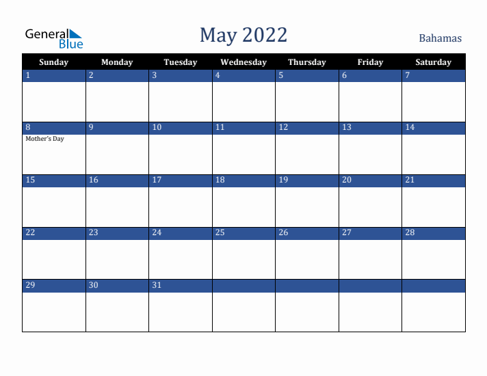May 2022 Bahamas Calendar (Sunday Start)
