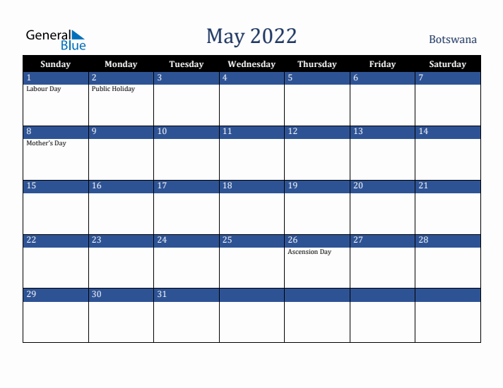 May 2022 Botswana Calendar (Sunday Start)