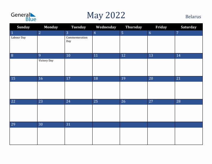 May 2022 Belarus Calendar (Sunday Start)