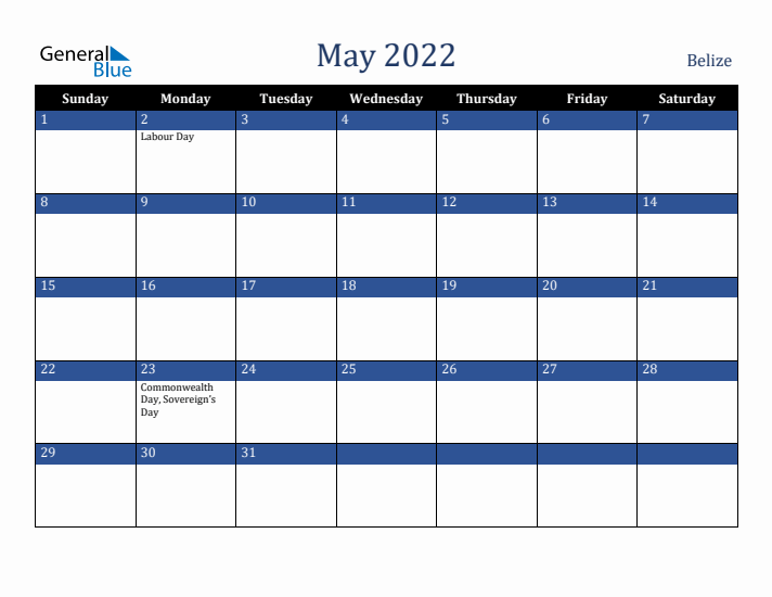 May 2022 Belize Calendar (Sunday Start)