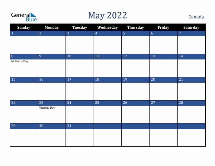 May 2022 Canada Calendar (Sunday Start)