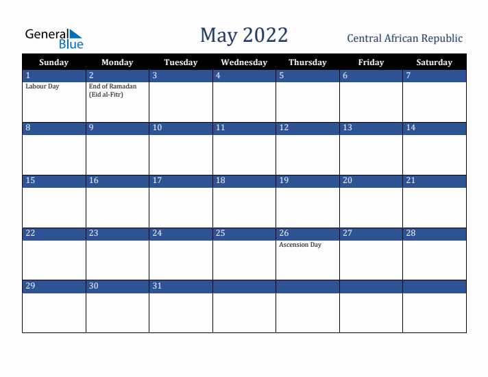 May 2022 Central African Republic Calendar (Sunday Start)