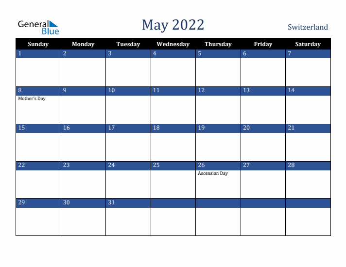 May 2022 Switzerland Calendar (Sunday Start)