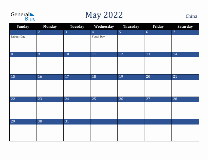 May 2022 China Calendar (Sunday Start)