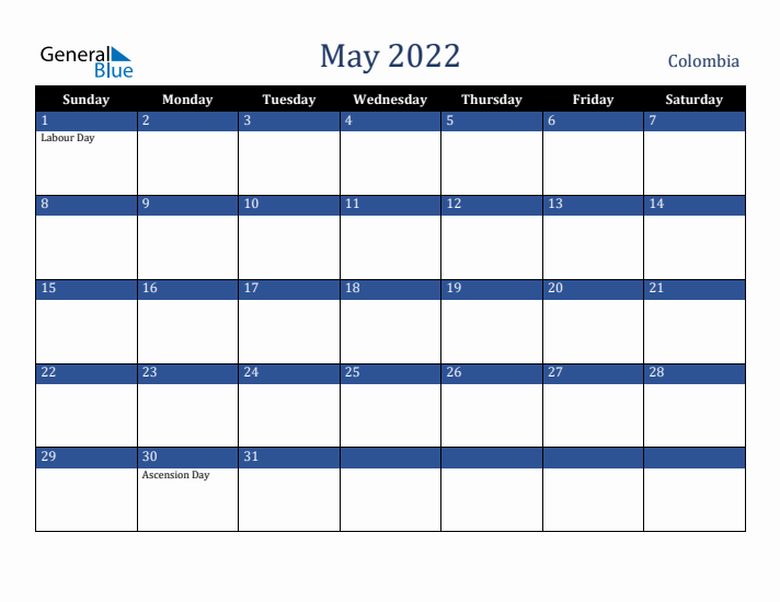 May 2022 Colombia Calendar (Sunday Start)