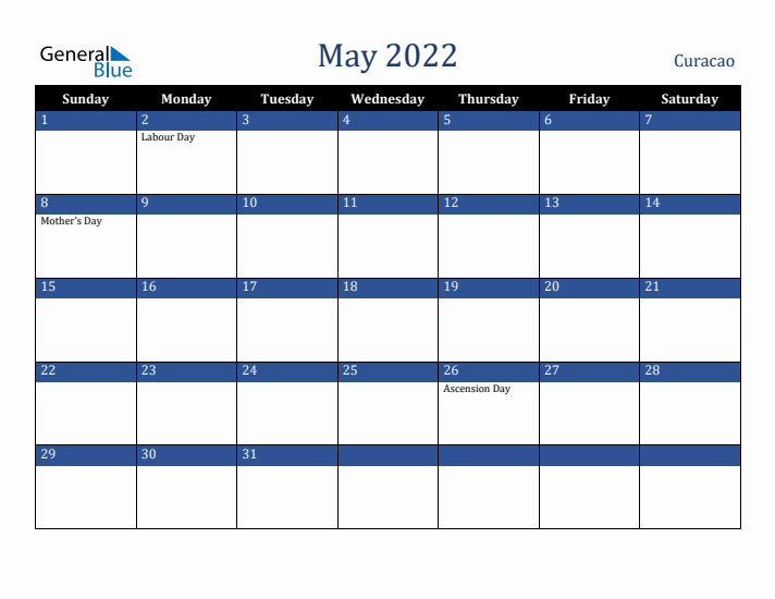 May 2022 Curacao Calendar (Sunday Start)