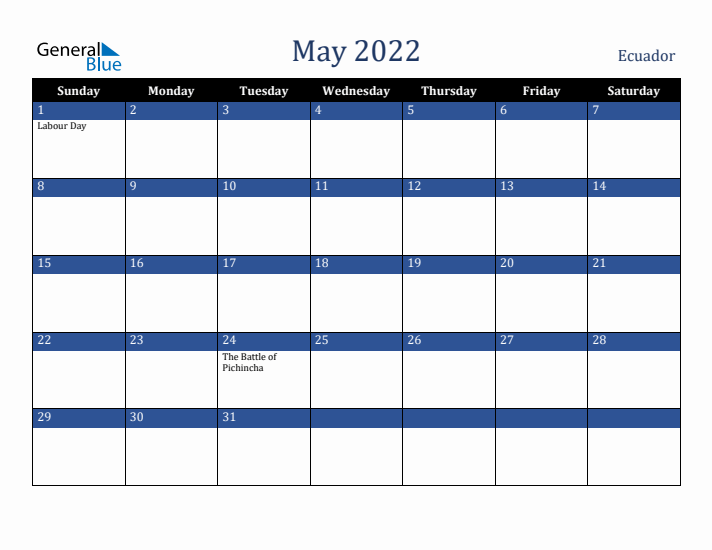 May 2022 Ecuador Calendar (Sunday Start)