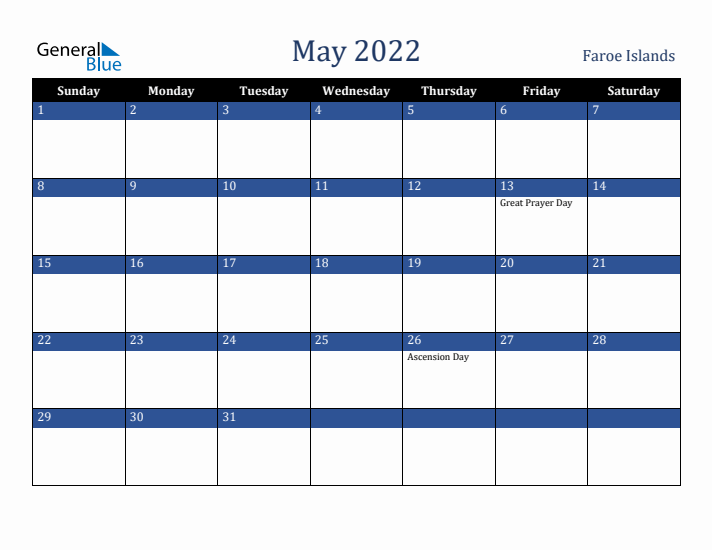 May 2022 Faroe Islands Calendar (Sunday Start)
