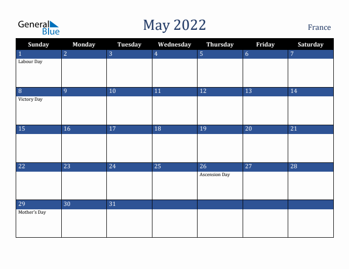 May 2022 France Calendar (Sunday Start)