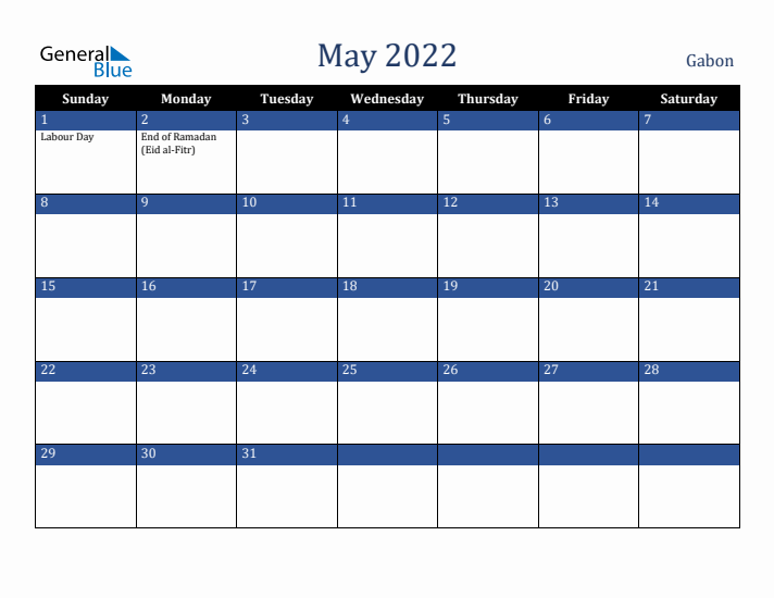 May 2022 Gabon Calendar (Sunday Start)