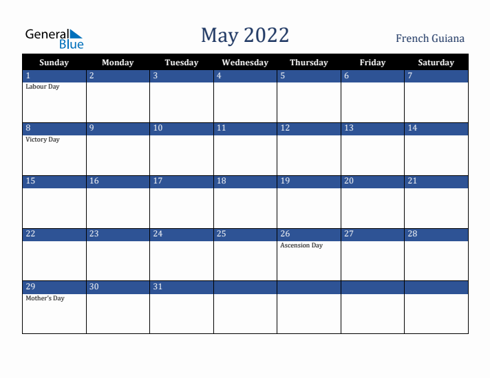 May 2022 French Guiana Calendar (Sunday Start)