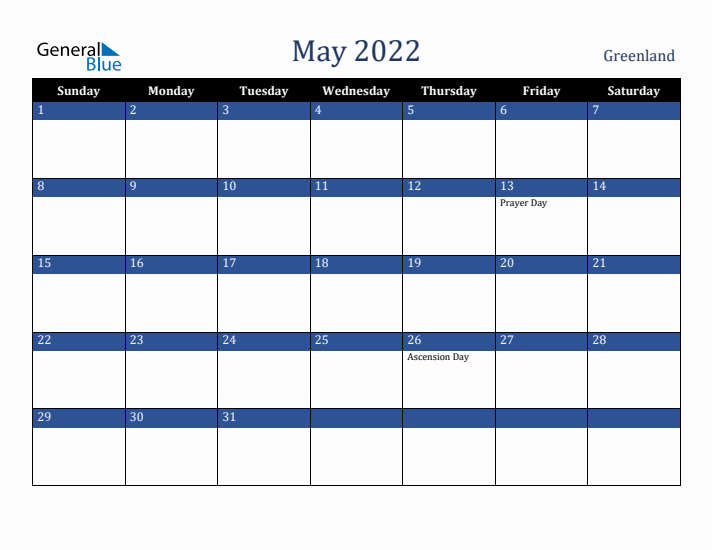May 2022 Greenland Calendar (Sunday Start)