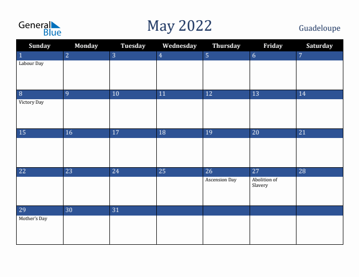 May 2022 Guadeloupe Calendar (Sunday Start)