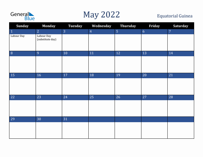 May 2022 Equatorial Guinea Calendar (Sunday Start)