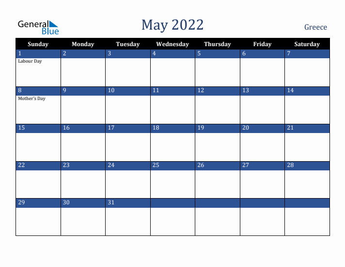 May 2022 Greece Calendar (Sunday Start)