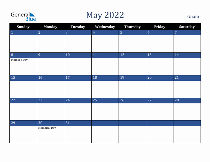 May 2022 Guam Calendar (Sunday Start)