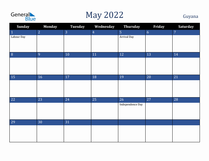 May 2022 Guyana Calendar (Sunday Start)