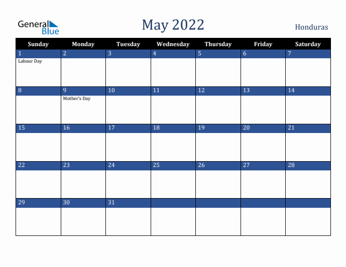 May 2022 Honduras Calendar (Sunday Start)