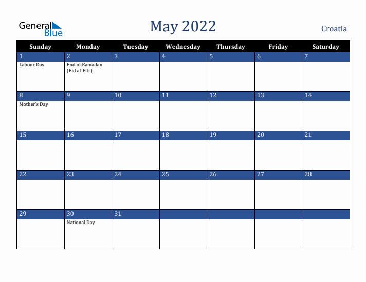 May 2022 Croatia Calendar (Sunday Start)