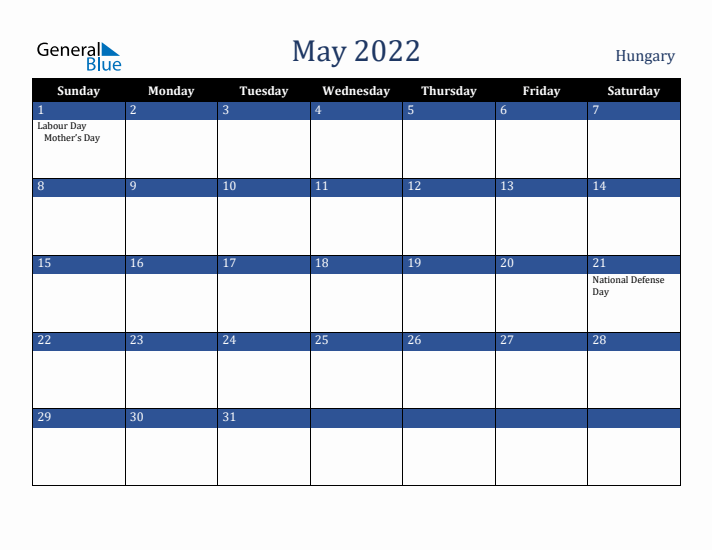 May 2022 Hungary Calendar (Sunday Start)