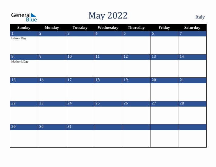 May 2022 Italy Calendar (Sunday Start)