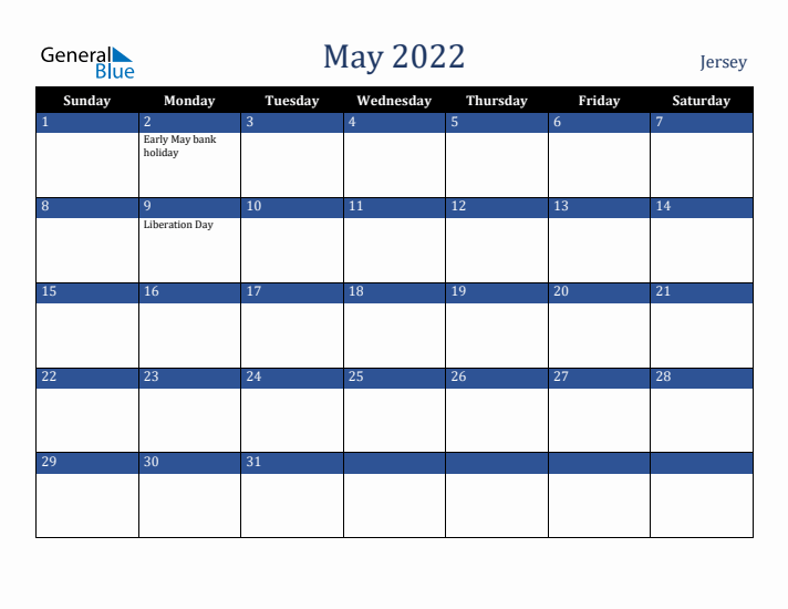 May 2022 Jersey Calendar (Sunday Start)
