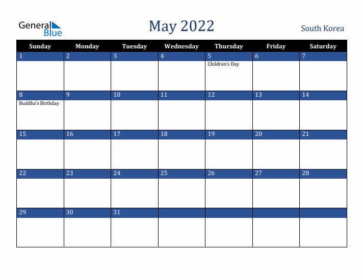 May 2022 South Korea Calendar (Sunday Start)