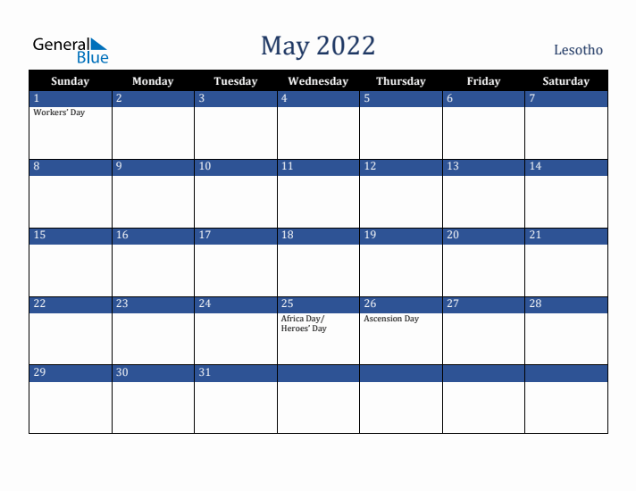 May 2022 Lesotho Calendar (Sunday Start)