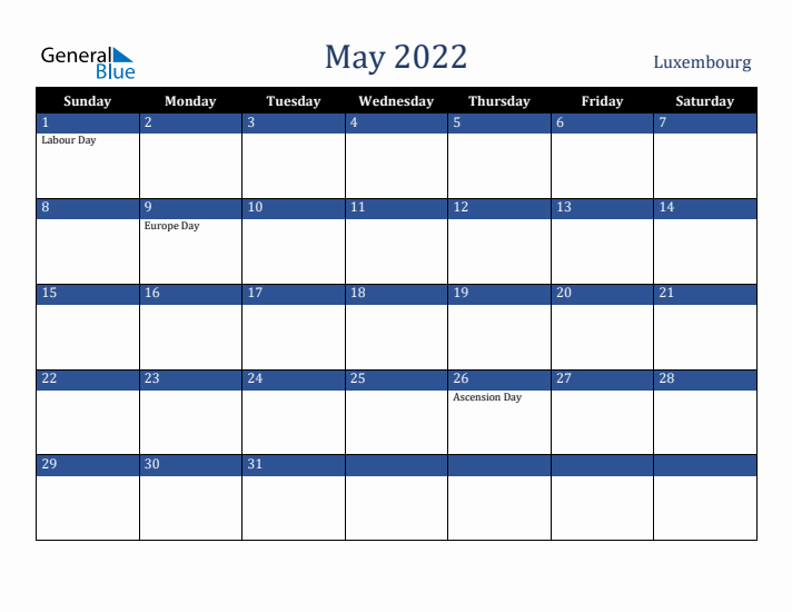 May 2022 Luxembourg Calendar (Sunday Start)