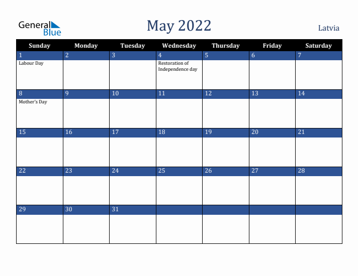May 2022 Latvia Calendar (Sunday Start)