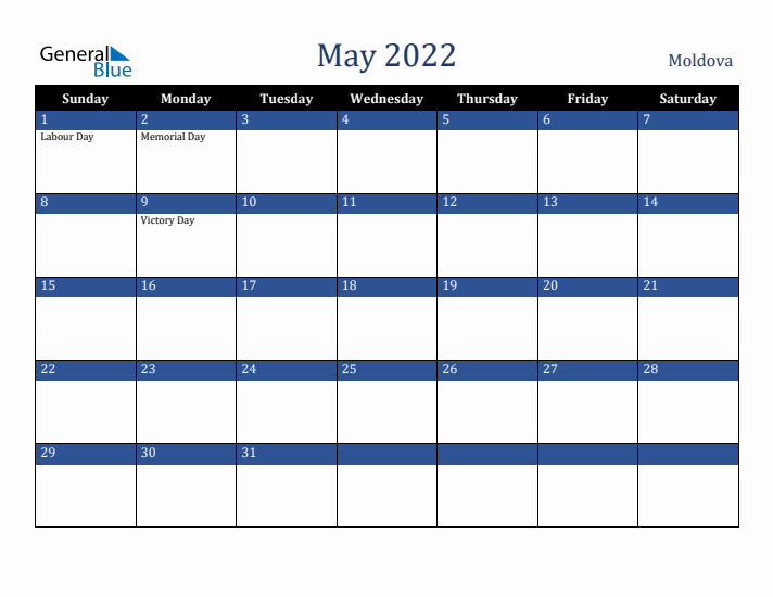 May 2022 Moldova Calendar (Sunday Start)