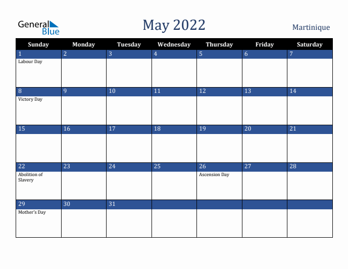 May 2022 Martinique Calendar (Sunday Start)