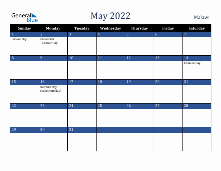 May 2022 Malawi Calendar (Sunday Start)