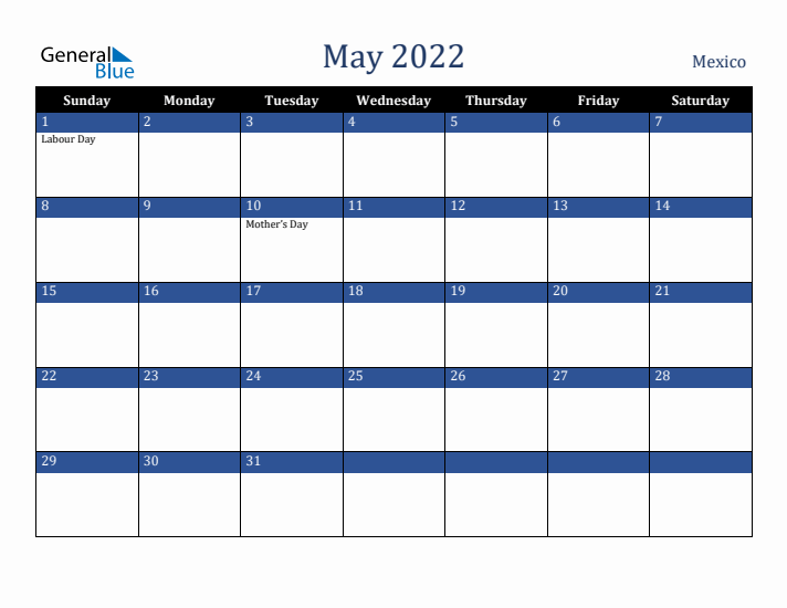 May 2022 Mexico Calendar (Sunday Start)
