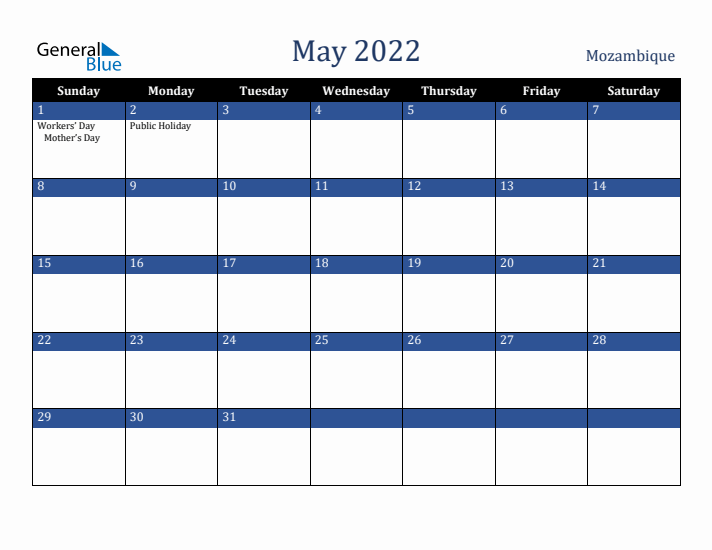 May 2022 Mozambique Calendar (Sunday Start)